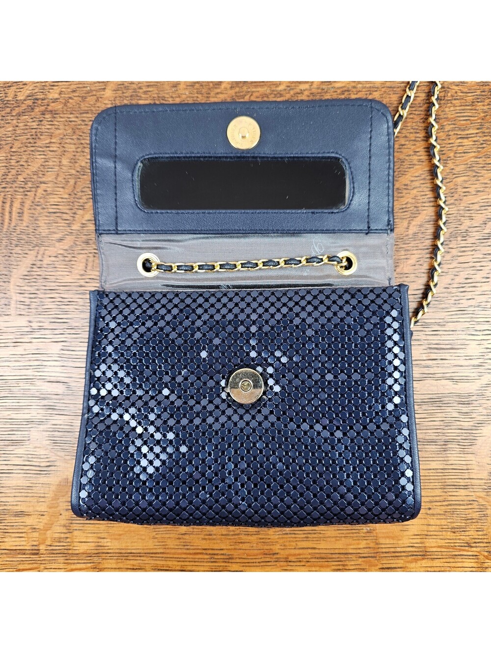 Vintage Whiting & Davis Navy Blue Metal Mesh Purse Gold Chain Shoulder Bag - Picture 8 of 15